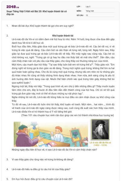 Soạn Tiếng Việt 5 Kết nối Bài 20: Khổ luyện thành tài có đáp án