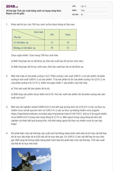 38 bài tập Tính xác suất bằng cách sử dụng công thức Bayes (có lời giải)