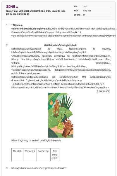 Soạn Tiếng Việt 5 Kết nối Bài 23: Giới thiệu sách Dế mèn phiêu lưu kí có đáp án