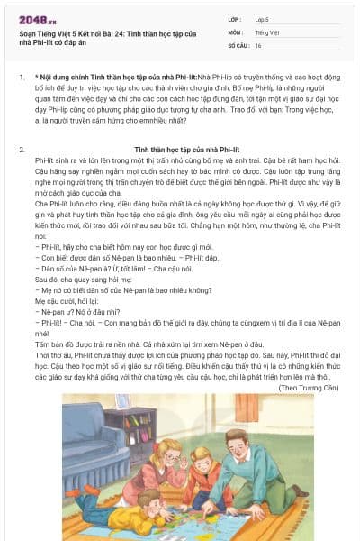 Soạn Tiếng Việt 5 Kết nối Bài 24: Tinh thần học tập của nhà Phi-lít  có đáp án