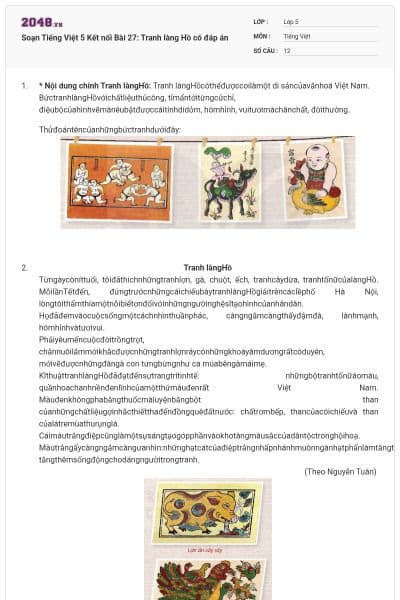 Soạn Tiếng Việt 5 Kết nối Bài 27: Tranh làng Hồ có đáp án