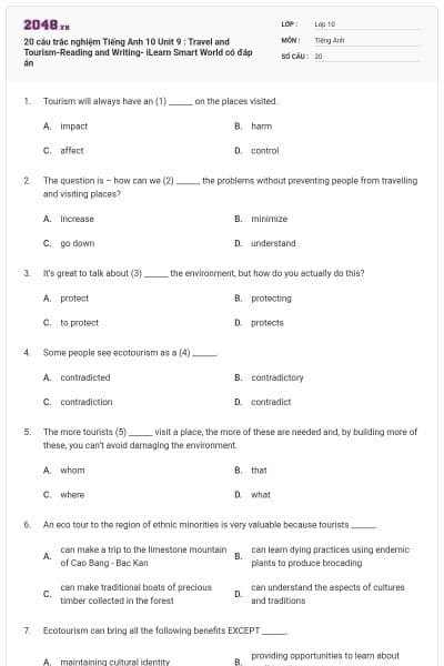 20 câu trắc nghiệm Tiếng Anh 10 Unit 9 : Travel and Tourism-Reading and Writing- iLearn Smart World có đáp án