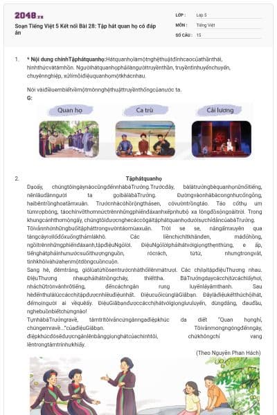 Soạn Tiếng Việt 5 Kết nối Bài 28: Tập hát quan họ có đáp án