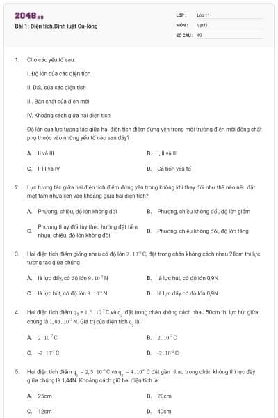 Bài 1: Điện tích.Định luật Cu-lông