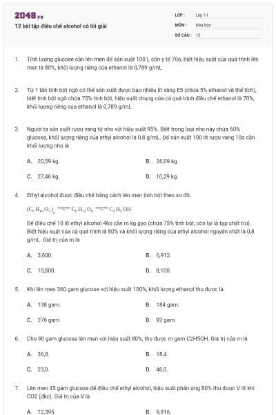 12 bài tập điều chế alcohol có lời giải
