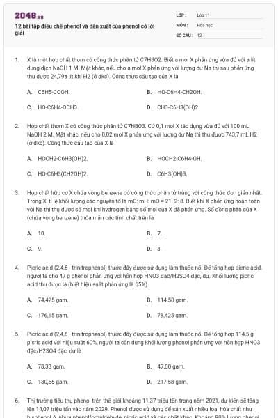 12 bài tập điều chế phenol và dẫn xuất của phenol có lời giải