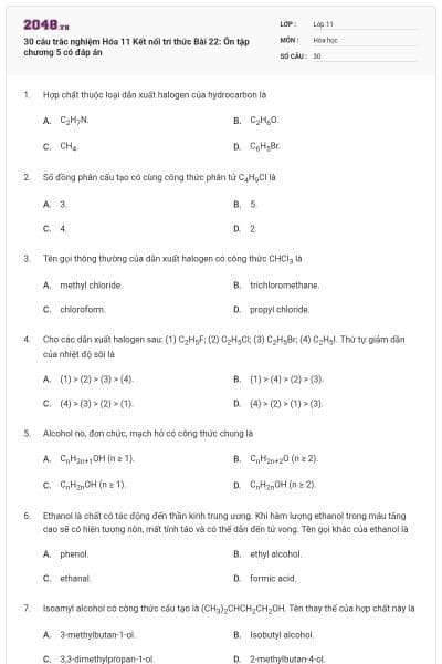 30 câu trắc nghiệm Hóa 11 Kết nối tri thức Bài 22: Ôn tập chương 5 có đáp án