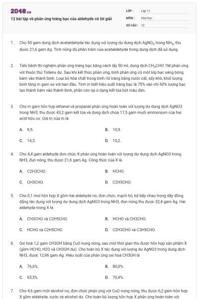 12 bài tập về phản ứng tráng bạc của aldehyde có lời giải