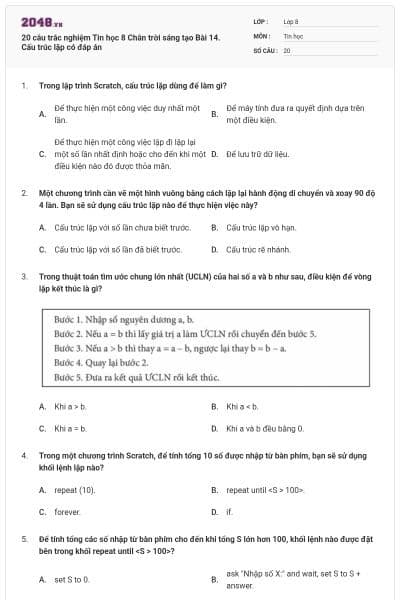 20 câu trắc nghiệm Tin học 8 Chân trời sáng tạo Bài 14. Cấu trúc lặp có đáp án
