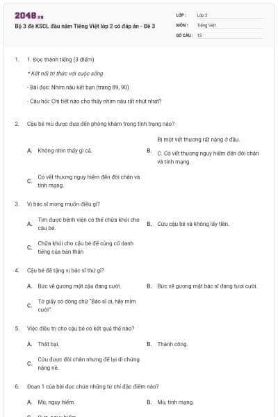 Bộ 3 đề KSCL đầu năm Tiếng Việt lớp 2 có đáp án - Đề 3