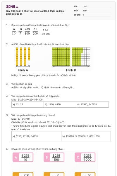 Giải SGK Toán 5 Chân trời sáng tạo Bài 4. Phân số thập phân có đáp án