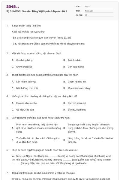 Bộ 3 đề KSCL đầu năm Tiếng Việt lớp 4 có đáp án - Đề 1