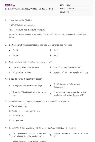 Bộ 3 đề KSCL đầu năm Tiếng Việt lớp 4 có đáp án - Đề 2