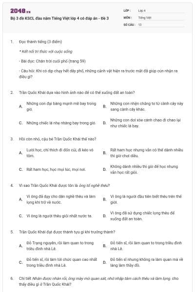 Bộ 3 đề KSCL đầu năm Tiếng Việt lớp 4 có đáp án - Đề 3