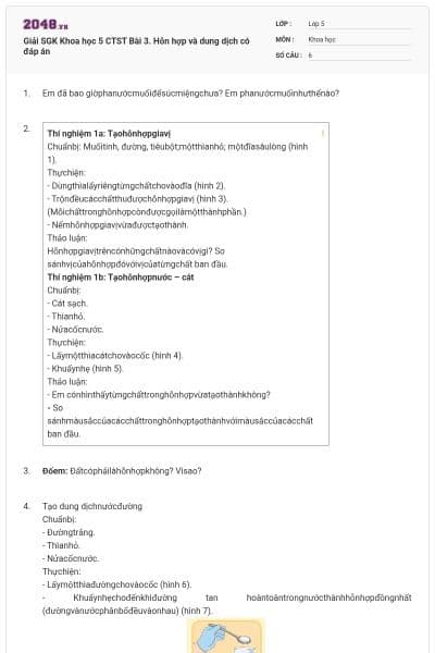 Giải SGK Khoa học 5 CTST Bài 3. Hỗn hợp và dung dịch có đáp án