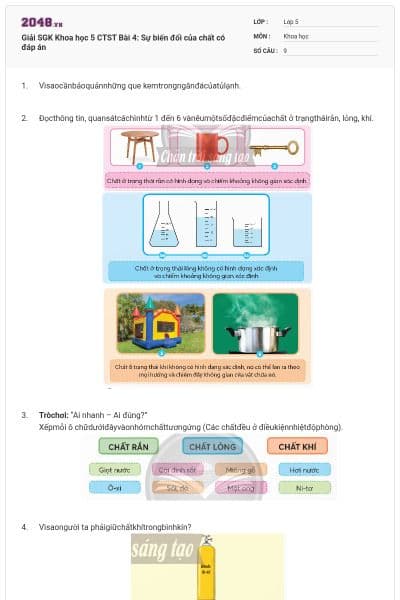 Giải SGK Khoa học 5 CTST Bài 4: Sự biến đổi của chất  có đáp án