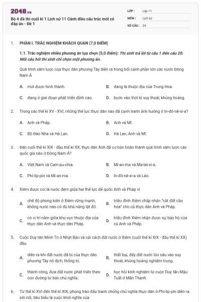 Bộ 4 đề thi cuối kì 1 Lịch sử 11 Cánh diều cấu trúc mới có đáp án - Đề 1