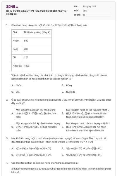 Đề thi thử tốt nghiệp THPT môn Vật lí Sở GD&ĐT Phú Thọ có đáp án
