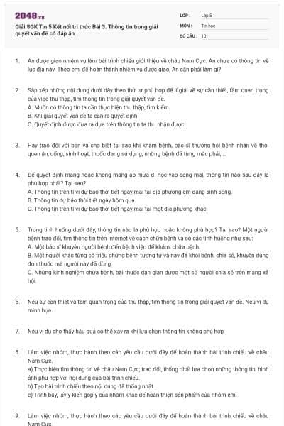 Giải SGK Tin 5 Kết nối tri thức Bài 3. Thông tin trong giải quyết vấn đề có đáp án