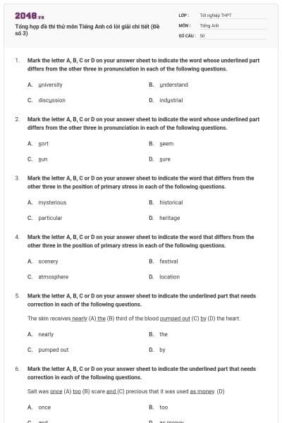 Tổng hợp đề thi thử môn Tiếng Anh có lời giải chi tiết (Đề số 3)