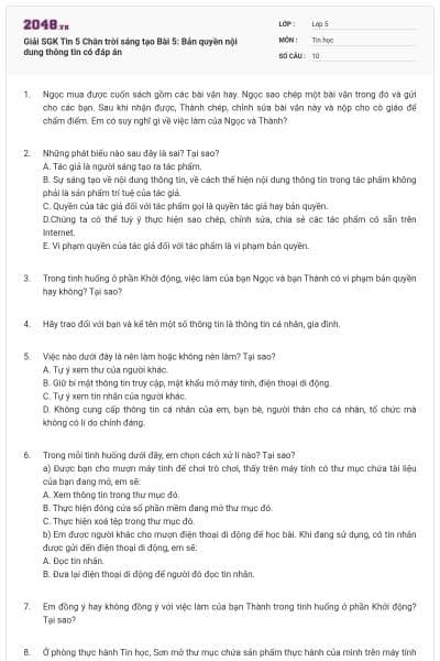 Giải SGK Tin 5 Chân trời sáng tạo Bài 5: Bản quyền nội dung thông tin có đáp án