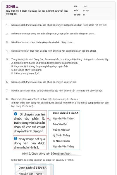 Giải SGK Tin 5 Chân trời sáng tạo Bài 6. Chỉnh sửa văn bản có đáp án