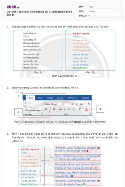 Giải SGK Tin 5 Chân trời sáng tạo Bài 7. Định dạng kí tự có đáp án