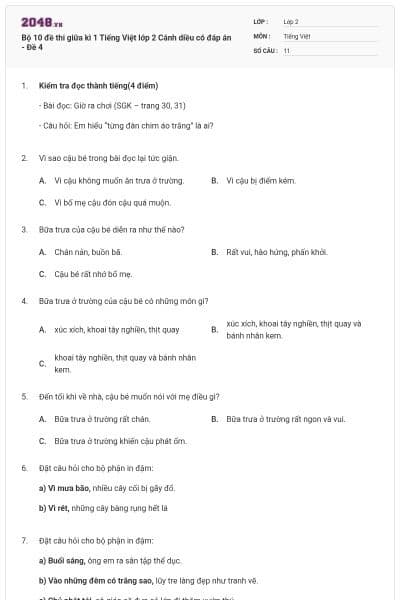 Bộ 10 đề thi giữa kì 1 Tiếng Việt lớp 2 Cánh diều có đáp án - Đề 4