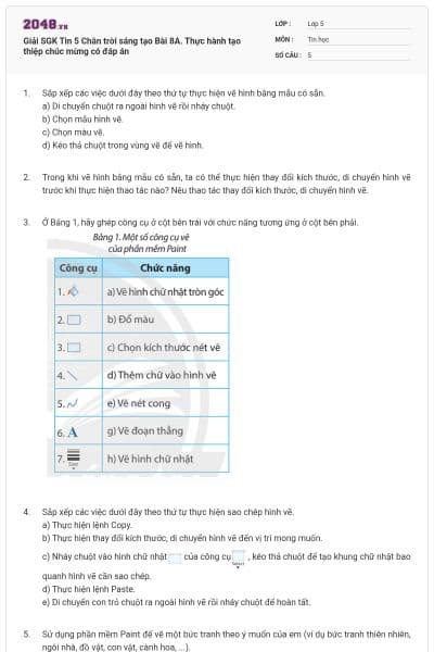 Giải SGK Tin 5 Chân trời sáng tạo Bài 8A. Thực hành tạo thiệp chúc mừng có đáp án