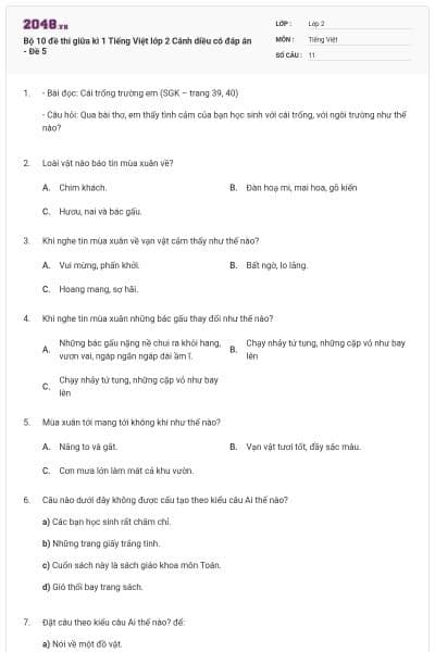 Bộ 10 đề thi giữa kì 1 Tiếng Việt lớp 2 Cánh diều có đáp án - Đề 5