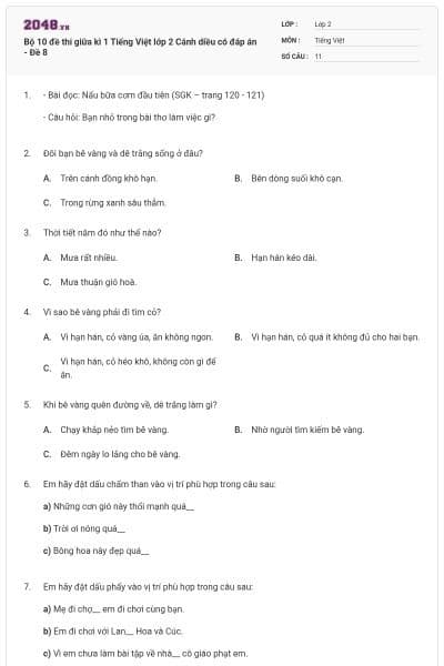 Bộ 10 đề thi giữa kì 1 Tiếng Việt lớp 2 Cánh diều có đáp án - Đề 8