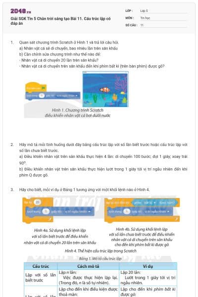 Giải SGK Tin 5 Chân trời sáng tạo Bài 11. Cấu trúc lặp có đáp án