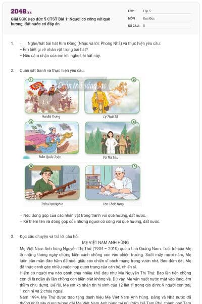 Giải SGK Đạo đức 5 CTST Bài 1: Người có công với quê hương, đất nước có đáp án