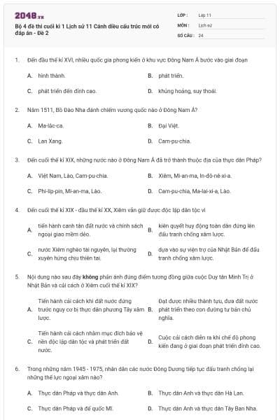 Bộ 4 đề thi cuối kì 1 Lịch sử 11 Cánh diều cấu trúc mới có đáp án - Đề 2