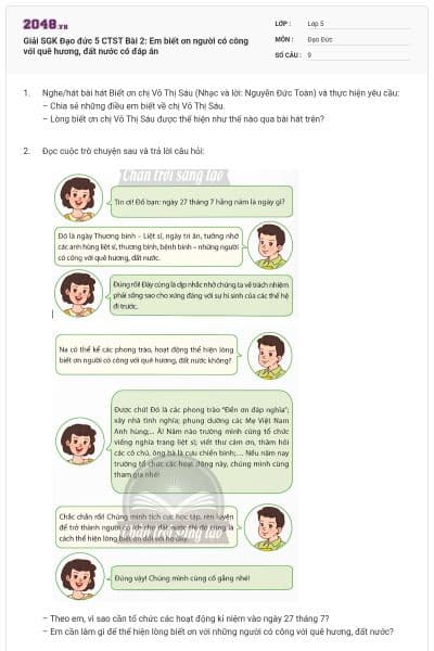 Giải SGK Đạo đức 5 CTST Bài 2: Em biết ơn người có công với quê hương, đất nước có đáp án