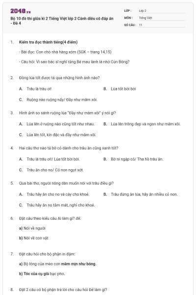 Bộ 10 đề thi giữa kì 2 Tiếng Việt lớp 2 Cánh diều có đáp án - Đề 4