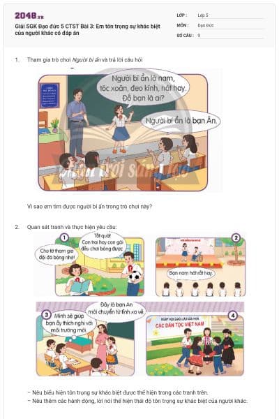 Giải SGK Đạo đức 5 CTST Bài 3: Em tôn trọng sự khác biệt của người khác có đáp án