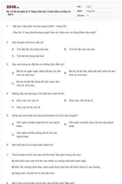 Bộ 10 đề thi giữa kì 2 Tiếng Việt lớp 2 Cánh diều có đáp án - Đề 6