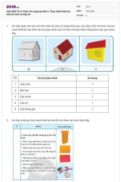 Giải SGK Tin 5 Chân trời sáng tạo Bài 4. Thực hành thiết kế nhà đồ chơi có đáp án