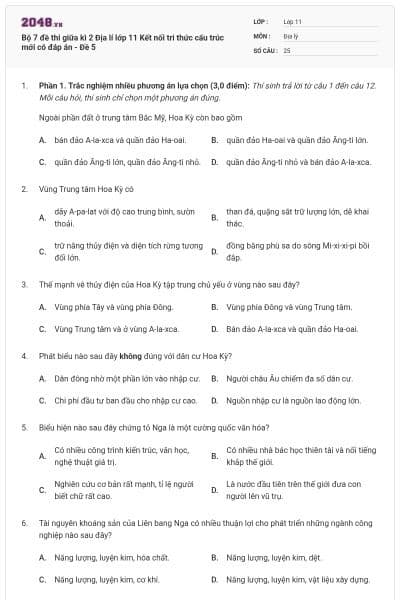 Bộ 7 đề thi giữa kì 2 Địa lí lớp 11 Kết nối tri thức cấu trúc mới có đáp án - Đề 5