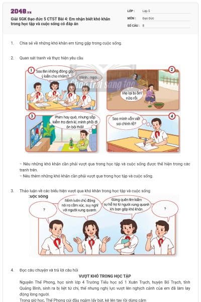 Giải SGK Đạo đức 5 CTST Bài 4: Em nhận biết khó khăn trong học tập và cuộc sống có đáp án