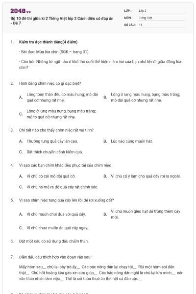 Bộ 10 đề thi giữa kì 2 Tiếng Việt lớp 2 Cánh diều có đáp án - Đề 7