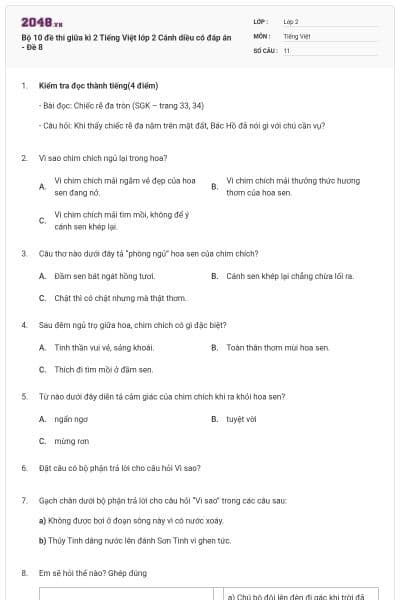 Bộ 10 đề thi giữa kì 2 Tiếng Việt lớp 2 Cánh diều có đáp án - Đề 8