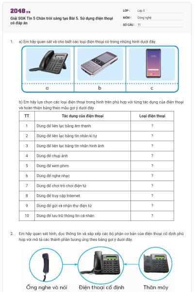 Giải SGK Tin 5 Chân trời sáng tạo Bài 5. Sử dụng điện thoại có đáp án