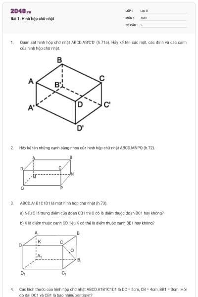 Bài 1: Hình hộp chữ nhật
