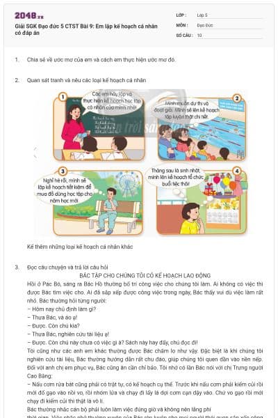 Giải SGK Đạo đức 5 CTST Bài 9: Em lập kế hoạch cá nhân có đáp án