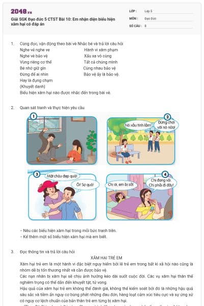 Giải SGK Đạo đức 5 CTST Bài 10: Em nhận diện biểu hiện xâm hại có đáp án