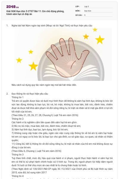 Giải SGK Đạo đức 5 CTST Bài 11: Em chủ động phòng, tránh xâm hại có đáp án