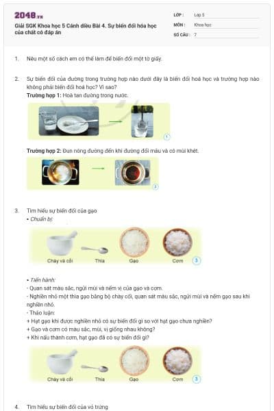 Giải SGK Khoa học 5 Cánh diều Bài 4. Sự biến đổi hóa học của chất có đáp án