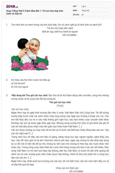 Soạn Tiếng Việt 5 Cánh diều Bài 1: Trẻ em như búp trên cành có đáp án